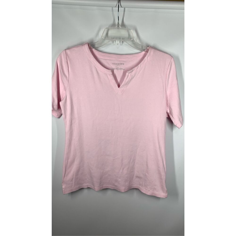Talbots Women's Solid Cotton Split Neck Short Sleeve T-Shirt Pink Size Medium